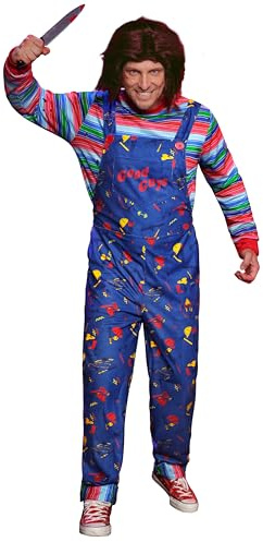 Mainfini 5tlg Grusel Figuren Kostüm für Herren Overall T Shirt Perücke Tattoo Narben Komplettset (S-3XL)