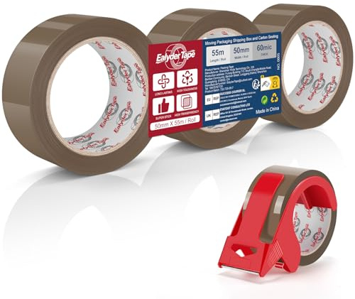 3 Rouleaux Ruban d'Emballage Brun 50mm x 55m Fort Adhésif avec Dérouleur