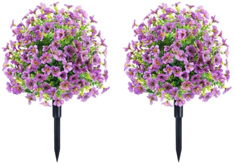 Crevyteg Künstlicher Buchsbaum-Kugelbaum mit Erdspieß, Formschnitt, dekorative künstliche Pflanzen mit Blume, 60 cm, UV-beständig, immergrüne Pflanzen, Dekoration für Veranda, Garten, Lila, 2 Stück