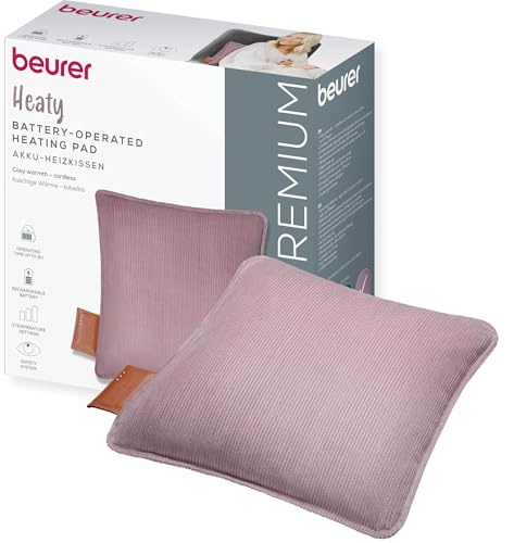 Beurer Heaty Heat pad, Cordless Heat pad with Battery, Heating pad with Automatic Switch-Off Function and 3 Temperature Settings, with Fast Heating, Soft Corded Fabric, Purple