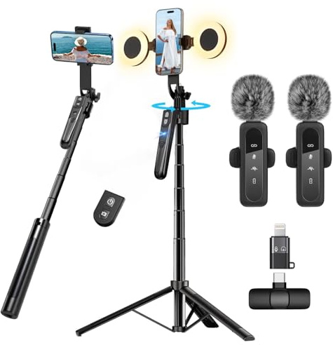 Content Creator Vlogging Kit for iPhone/Android,70-inch Al Auto Face Tracking Tripod for iPhone with Light and Wireless Microphones,TikTok/YouTube Starter Kit