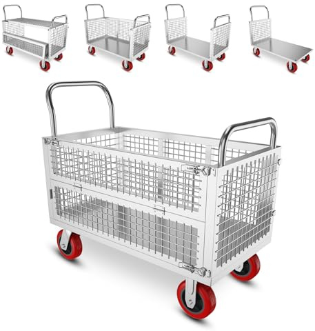 MediHoist 5in1 Schwerlast Plattformwagen 1000kg Traglast, Rollwagen Silber | 112x71 Cm, 15 Cm Geräuschlosen Rädern, Klappbarer, Käfig/Klapptor/3-Seiten/U-förmiger/Flachbett-Plattformwagen