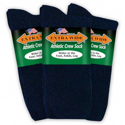 Extra Wide Comfort Fit Athletic Crew (Mid-Calf) Socks for Men and Women, For Wide Feet Pick your size, Do not size up, Navy, Medium