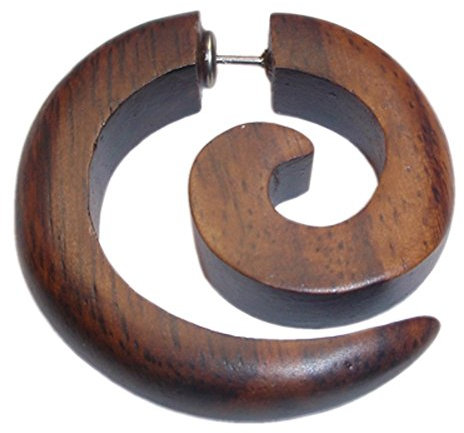 CHICNET Tribal Ohrring Sono Holz Spirale braun Edelstahlbügel- Fake Piercing