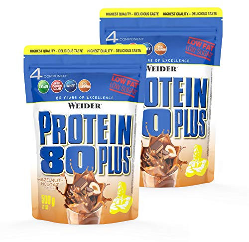 WEIDER Protein 80 Plus Eiweißpulver, 2 Pack, Haselnuss-Nougat, Low-Carb, Mehrkomponenten Casein Whey Mix für Proteinshakes, 2x500g