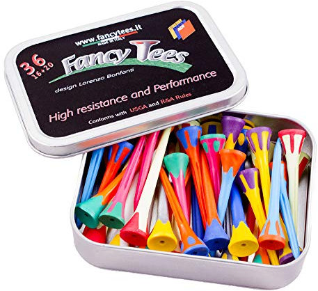Fancytees Box aus Metall 36 Stück Miste, Golf Tees aus Zwei Kunststoffen, lang, Mehrfarbig, Design und Qualität Made in Italy