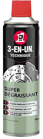 3-En-UN Technique • Super dégraissant • Aérosol • Rapide et puissant• Ne laisse aucune trace après le nettoyage • Sans solvant chloré • Compatible tous métaux, plastiques et caoutchoucs • 500ML