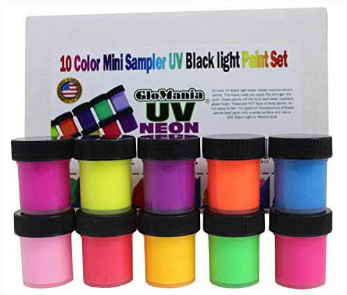 10 Color Set UV Black light .5oz/15ml (5oz/150ml), Neon Rave Fluorescent Acrylic Paint by GloMania