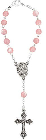 MaMeMi Autorosenkranz, rosa, mit Verschluss, Schutzengel und Kruzifix [Länge ca 18 cm] Idealer Begleiter für Autofahrer Für Rückblende/Innenspiegel