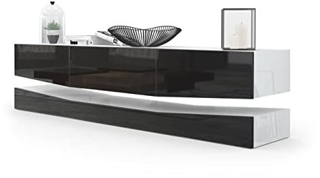 Vladon Lowboard City, Made in Germany, TV-Kommode mit Sockelelement, 1 offenem Fach und 3 Schubkästen, Weiß Hochglanz/Schwarz Hochglanz (178 x variabel x 39 cm)