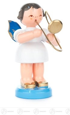 Rudolphs Schatzkiste Engel mit Posaune stehend groß, Blaue Flügel Höhe ca 9 cm NEU Erzgebirge Weihnachtsfigur Holzfigur