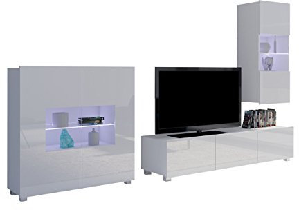 Moderne Wohnwand Calabrini VII mit Kommode, Anbauwand, Mediawand, TV Lowboard, Hängevitrine, Wohnzimmerschrank, Fernsehschrank (ohne Beleuchtung, Weiß/Weiß Hochglanz)