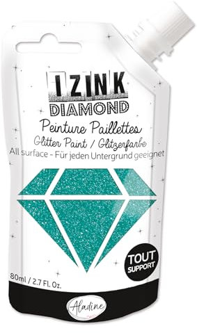 Aladine - Izink Diamond - Peinture Pailletée - Ultra Concentrée en Paillettes - Décoration Tout Support - DIY et Loisirs Créatifs - Made in France - Gourde Souple 80 ml - Turquoise