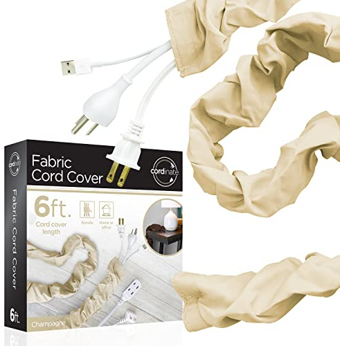 Cordinate Fabric Cord Cover, 6 ft, Hides Cables, Great for Lamps, Light Fixtures, and Desks, Cable Management, Easy Installation, Champagne, 40730