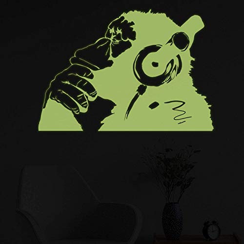Decords Banksy Glowing Vinyl WandTattoo AFFE mit Kopfhörer - Glow in Dark Chimp Musik hören Kopfhörer - Lumineszierende Art Graffiti Sticker