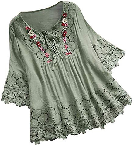 Lazzboy Frauen Weinlese Spitze Patchwork Bogen V-Ausschnitt DREI Viertel Blusen Top T-Shirt Damen Bohemian Stickerei Floral Tunika Shirt Bluse(Grün,4XL)