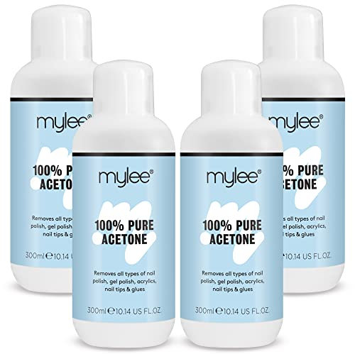 Mylee 100% Pure Acetone Gel Nail Polish Remover for UV/LED, Gel Soak Off, Removes All Types of Nail Polish, Gel Polish, Acrylic, Gels, Nail Tip & Glue (4x 300ml)