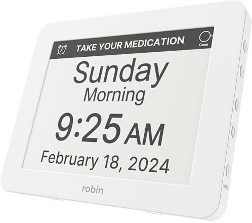 Robin Clock 2025 with Day and Date for Elderly, Clocks for Seniors, Dementia Clock, Digital Calendar Elderly, Bedside Clocks Seniors, Alzheimers Products, Dementia Clocks Extra Large, White
