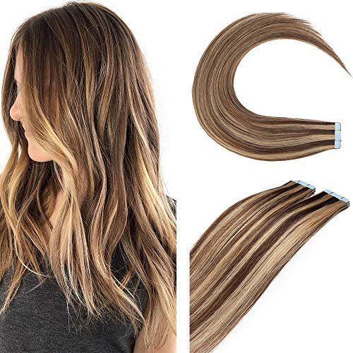 SEGO Tape Extensions Echthaar Haarverlängerung Klebeband Haarteile Glatt Haar 10pcs Mittelbraun/Honigblond #4p27 12(30cm)-25g