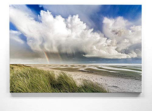 Atemberaubendes Nordsee Panorama Leinwand-Bild 120x80cm, Motiv Wolken Wattenmeer. Ein einzigartiges XXL Wandbild als Deko für Wohnzimmer, Schlafzimmer, Küche. Aufgespannt auf Holzrahmen