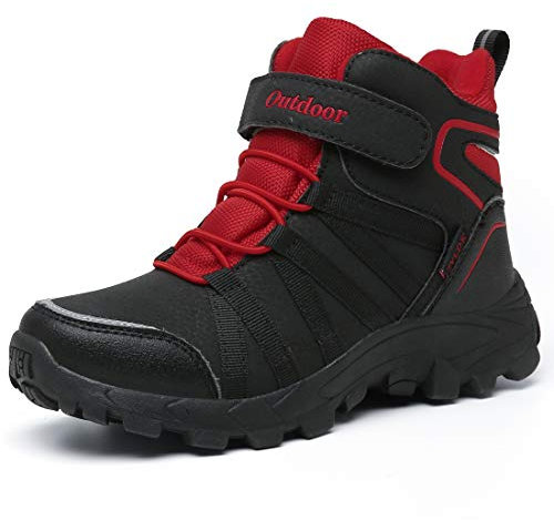 ZYLDK Winterstiefel Kinder Winterschuhe Wanderschuhe Schneestiefel Jungen Warmfutter Wasserdicht Baumwollschuhe Mädchen Trekking Snowboots Mit Klettverschluss,Schwarz-Rot,38 EU