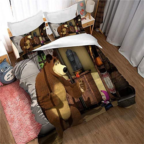 Ste-X Personenbettwäscheset Mit Bettbezug Aus Mikrofaser Und Kissenbezügen, Bedrucktes Bettwäscheset Für Kinder Und Jugendliche Für Erwachsene Kinder (220 x 240 cm,Mascha und der Bär)