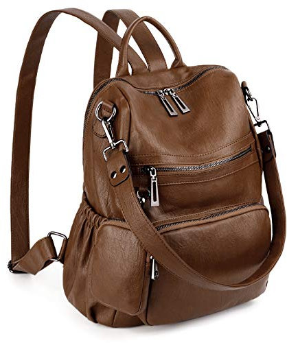 UTO Damen Rucksack Leder Vegan Rucksackhandtaschen Schule Schulrucksack Multifunktionsrucksack mit abnehmbarem Beutels Große Kapazität Schultertaschen Reißverschluss Umhängetasche Hellbraun