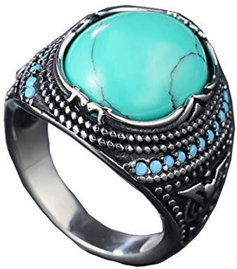 HIJONES Herren Retro Königlich Oval Türkis Stein Hochzeit Ring aus Edelstahl Exquisit Geschnitzt Silber Größe 68
