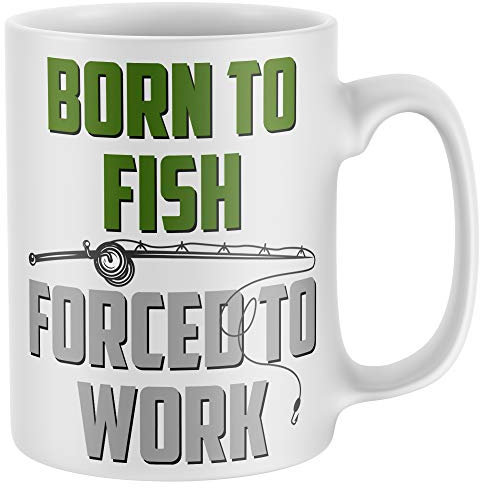 Purple Print House Fishing Gifts for Men, Born to Fish Forced to Work, Funny Mug, Novelty Mugs, Idea Accessories Bait Rod Hook, White, One Size