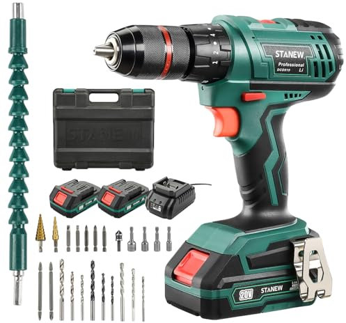 STANEW Avvitatore a Batteria 20V, Trapano Percussione con 2 Batterie 2.0Ah, 35N.m di Coppia, 2 Velocità, 18+3 Coppia, 24 Accessori, Luce a LED, per bricolage fai da te