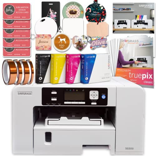 Sawgrass UHD Virtuoso SG500 Ensemble de démarrage pour imprimante à sublimation avec encres, papier de sublimation, ruban adhésif, vierges, motifs et accès à du contenu exclusif, blanc