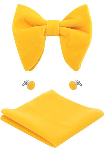WANYING Herren Samt Oversized Fliegen & Einstecktuch & Manschettenknöpfe 3 in 1 Sets Vorgebunden Fliegen Verstellbar mit Hakenverschluß - Einfarbig Goldfarben