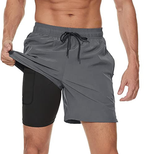 Arcweg Men's Swim Trunks Mens Swimming Shorts with Compression Liner Quick Dry Stretchy 2 in 1 Board Shorts with Zipper Pockets Back + Grey S (UK)