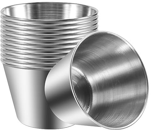 RUANI Pack of 12 - Premium Brushed Stainless Steel Condiment Sauce Cups Spices Pots Dips Bowls - 2.5Oz 70Ml (12)