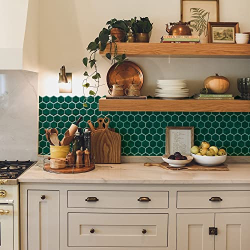 funlife 12 Sheets 3D Peel and Stick Tile Stickers, Self-Adhesive Subway Wall Sticker on Tiles for Kitchen Backsplash, Emerald Green Hexagon, 30X15CM