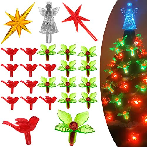 153Pcs Ceramic Christmas Tree Replacement Hollylights-50 Green Leaves Lites Bulbs＆50 Plastic Berrys Tree Pegs＆50 Red Cardinal Birds Knob Ornaments Accessories for Glazed Tabletop Porcelain Trees,Etc.