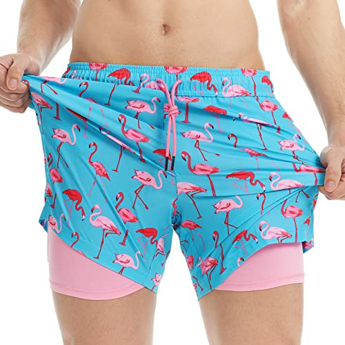 MaaMgic Herren Badehose mit Kompression Badeshorts 2 in 1 | 5.5 Schnelltrocknend lässige Swim Shorts Kurz Boardshorts mit Innenhose Reißverschlusstasche XS - XXL,Hellblau Rosa Flamingo 5.5,L