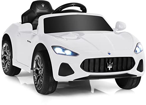 GYMAX Kids Ride on Car, 12V Battery Powered Licensed Maserati Toy Car with Remote Control, Music, Horn, Radio, Lights, USB, Slow Start & Safety Belt, Children Electric Vehicle for 3 Years Old (White)