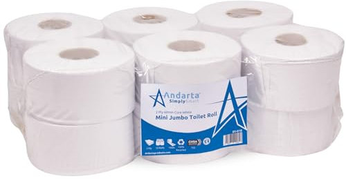 Andarta - 2Ply Mini Jumbo White Toilet Rolls with 62mm Core - Pack of 12 High Capacity Toilet Roll - 150m Per Roll - Made from Recycled Materials - Suitable for All Jumbo Dispenser