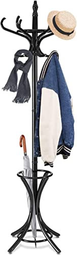 DREAMADE Porte-Manteau sur Pieds en Bois avec 12 Crochets, Porte-Parapluie, Charge Max 10KG pour l’Entrée, Salon, Chambre à Coucher, Bureau (Noir)