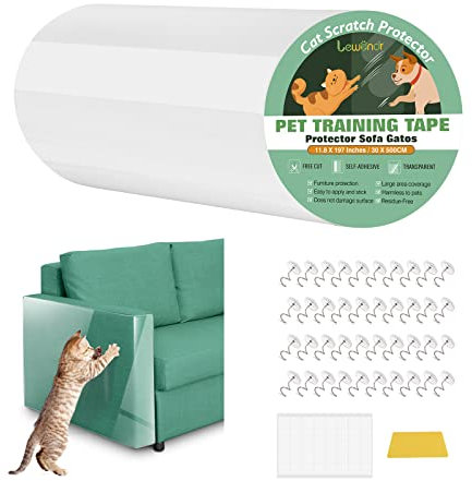 Lewondr Protezione da Graffi di Gatti 30 * 500cm, Nastro di Pellicola Adesiva AntiGraffio per Gatti con 40 Perni + 40 Nastri Nano, AntiGraffio da Gatto per Divani, Tappeti, Porte, Trasparente