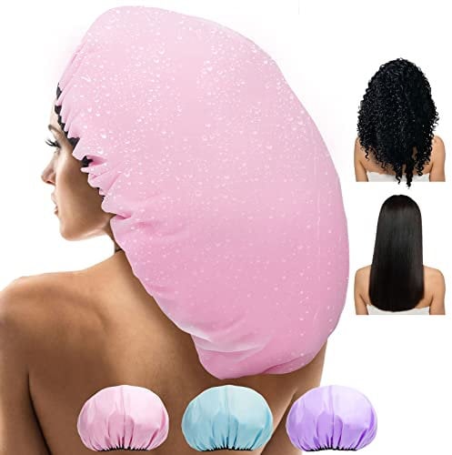Sheomern 3 Pcs 16.5 Super Jumbo Duschhaube Damen, Extra-Groß XXL Doppelte Wasserdichte Duschhauben Verstellbare Wiederverwendbare Haube Satin Seide Haarhaube Bonnet für Frauen Dreadlocks Lange Haare