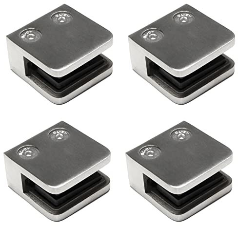 PRIOstahl Glashalter 4 Stück Glasklemmen Klemmhalter Glasplattenhalter Eckig 45 x 45 x 25-27 mm Anschluss: Flach für Glas 6 mm Geländer Treppengeländer Balkon aus Edelstahl V2A