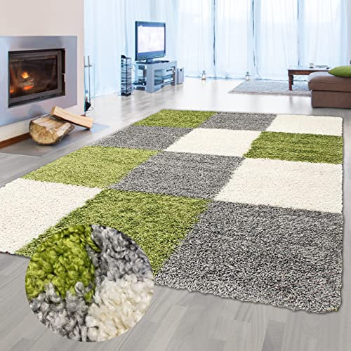 Flauschiger Shaggy-Teppich Hochflor mit Karomuster in grün grau Creme 200x290cm