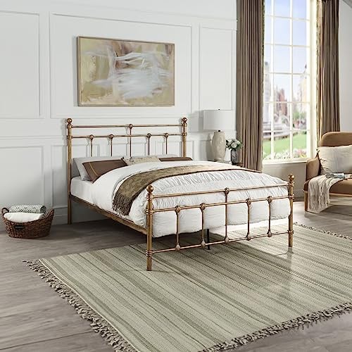 SlumberWorx BAYFORD TRADITIONAL BRUSHED ANTIQUE BRASS METAL BED FRAME - SINGLE/SMALL DOUBLE/DOUBLE/KING SIZE WITH MATTRESS OPTIONS (No Mattress, Double)