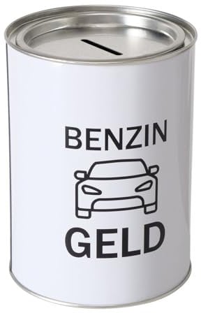 Spardose Sparschwein Schriftzug Benzingeld - Deckel abnehmbar - Wiederverwendbar Metall Sparbüchse Geldgeschenk Geschenkidee Geldspardose Metallspardose 14 x 10 cm