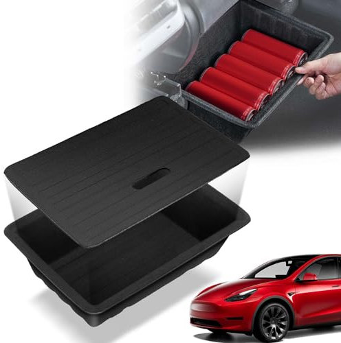 YHTAUTO Under Seat Storage Box with Lid Fit for Tesla Model Y 2020 2021 2022 2023 2024, Felt Texture Underseat Organizer Tray with Cover (Under Front & Rear Seat) - Matt Black