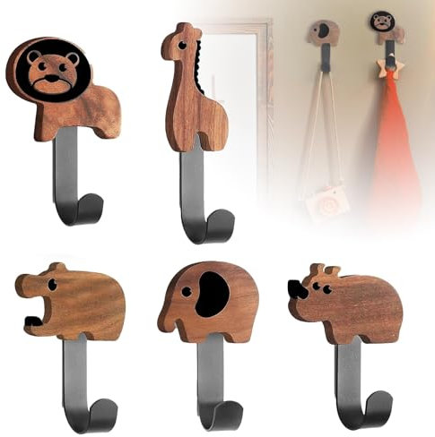 Bogoro 5 Stück Kleiderhaken für Kinder aus Holz, Walnussholz Garderobenhaken, Kinder Wandaufhänger für Garderobe Kinderzimmer