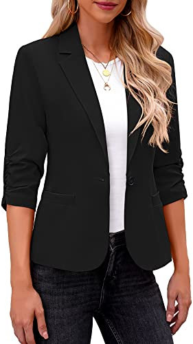 Roskiky - Blazer da donna, elegante, giacca, manica 3/4, da affari, casual, abiti per il lavoro, Nero , M
