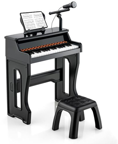 KOMFOTTEU Pianola Bambini Musicale Tastiera, Tastiera Digitale a 37 Tasti, Mini Tastiera per Bambini con Effetti Luminosi e Microfono, Strumenti Musicali con Sgabello, 22 Battiti/8 Toni/8 Ritmi (Nero)
